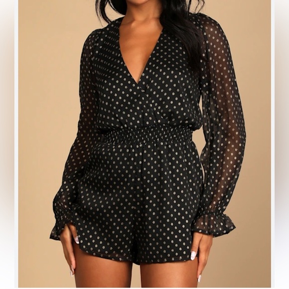 Lulus Pants - NWT Lulus Evening Gold Dot Black Chiffon Romper Medium Sheer Sleeve V-Neck